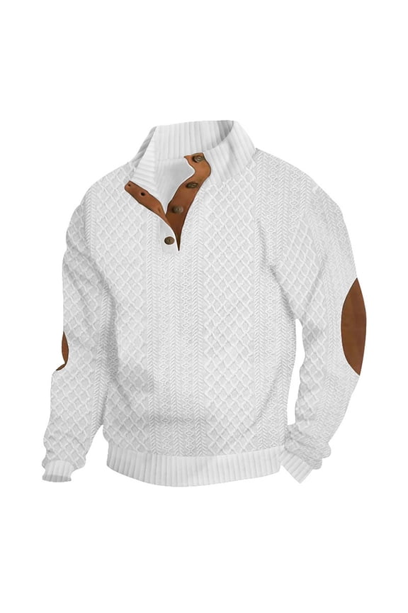 Sweaters for Men Quater Button Outdoor Long Sleeve Stand Collar Cable Knit Sweaters with Elbow Patches Fall Winter Pullover White S