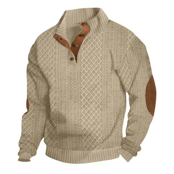 Hogleaql Sweaters for Men 1/4 Button Up Classic Long Sleeve Stand Collar Knitted Sweater with Elbow Patches Fall Winter Cash-Mere Pullover Khaki M