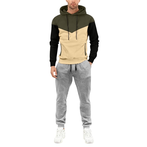 Hogleaql Sweatsuits for Men 2 Piece Color Block Casual Hoodie Jogging Running Pant Set Relaxed Fit Fall Winter Suit with Pockets Army Green M
