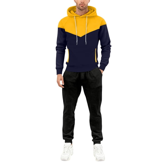 Hogleaql Sweatsuits for Men 2 Piece Color Block Fleece Pullover Hoodies Jogging Running Pants Set Relaxed Fit Fall Suit with Pockets Yellow XL