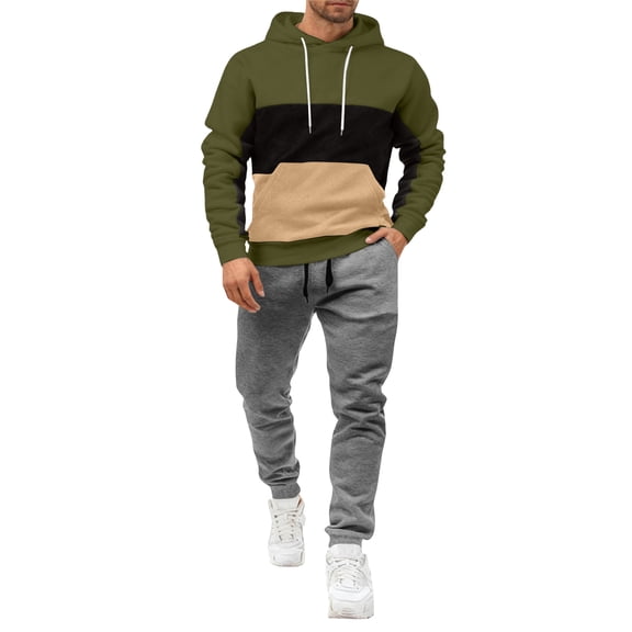 Hogleaql Sweatsuits for Men 2 Piece Color Block Relaxed Fit Hoodie Joggers Running Pant Set Fleece Fall Suit with Pockets Army Green M