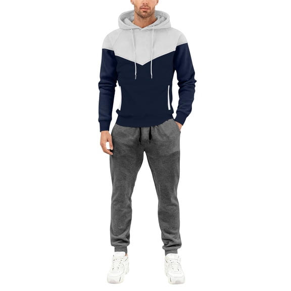 Hogleaql Sweatsuits for Men 2 Piece Color Block Relaxed Fit Hoodie Jogging Athletic Pant Set Casual Winter Suits with Pockets White L