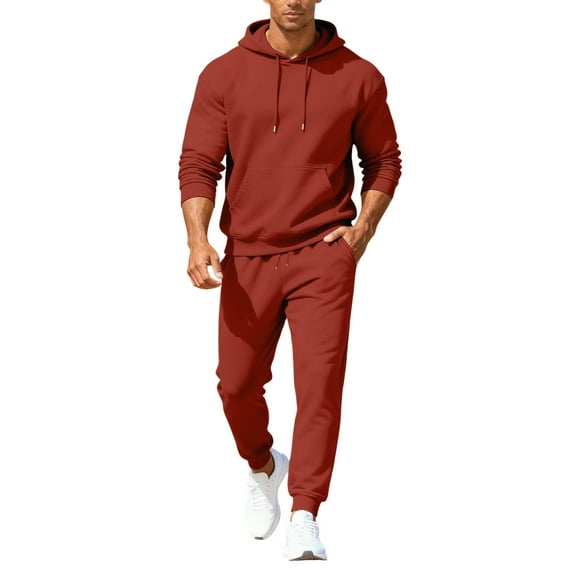 Hogleaql Sweatsuits for Men 2 Piece Solid Color Fleece Hoodie Joggers Running Pants Set Casual Fall Winter Suit with Pockets Vermilion XL