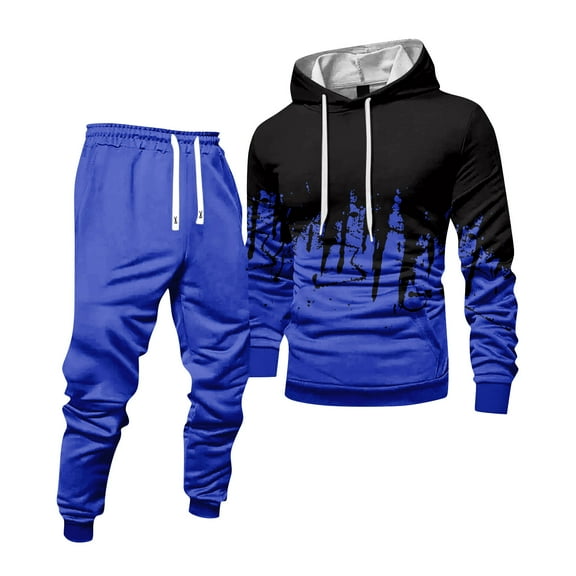 Hogleaql Sweatsuits for Men 2 Piece Solid Color Fleece Pullover Hoodies Jogging Athletic Pant Set Sweat Winter Suits with Pockets Blue 2XL