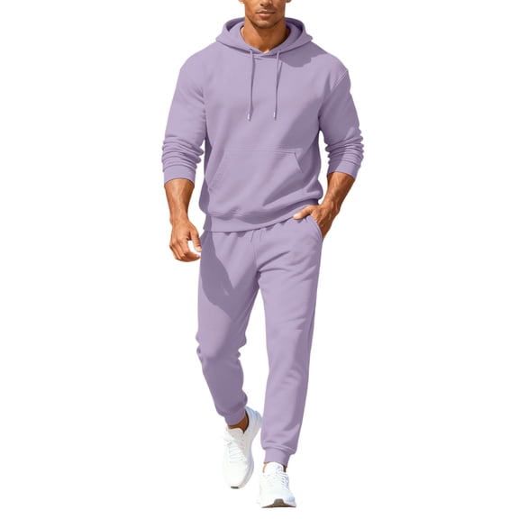 Hogleaql Sweatsuits for Men 2 Piece Solid Color Relaxed Fit Pullover Hoodies Jogging Running Pants Set Fleece Fall Suit with Pockets Light Purple M