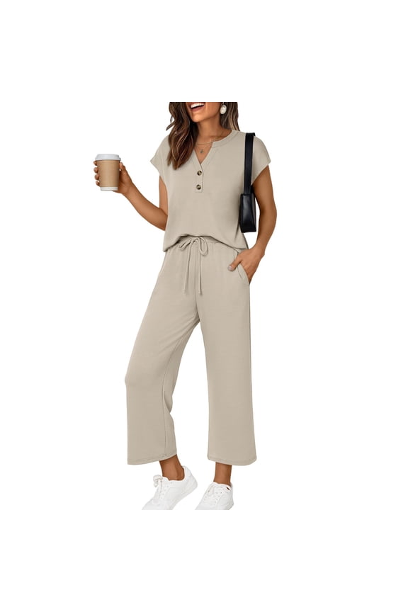 Two Piece Lounge Sets for Women Cap Sleeve V Neck Tops Wide Leg Crop Pants Casual Business Outfits Summer Matching Sets with Pockets Loose Fit Tracksuit Beige M