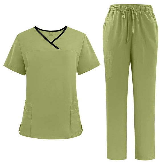 Hogleaql Uniforms Scrubs Set for Women V Neck Plus Short Sleeve Jogger Suit with Pockets Nurse Tops & Cargo Pant Medical Nursing Uniform Casual Workwear Scrub Sets Army Green M