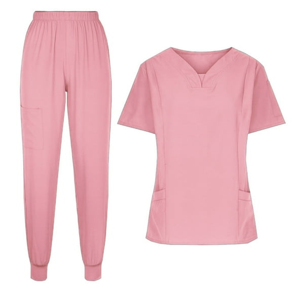 Hogleaql Uniforms Scrubs Set for Women V Neck Solid Short Sleeve Jogger Suit with Pocketss Nurse Tops & Cargo Pant 2025 Nurse Uniform Casual Workwear Sets Pink XL