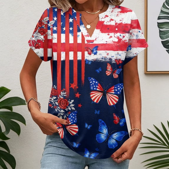 Hogleaql Usa Flag Tee Shirt for Women 4th Of July Patriotic Short Sleeve V Neck American Flag Print T-Shirts Fashion Button Independence Day Themed Loose Fit Tshirt Dark Blue M