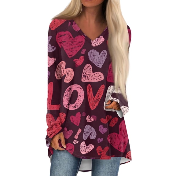 Hogleaql Valentine's Day Shirt for Women V-Neck Cozy Long Sleeve T-Shirts Love Heart Print Dressy Vacation Loose Fit Mid-Length Top Hot Pink 3XL