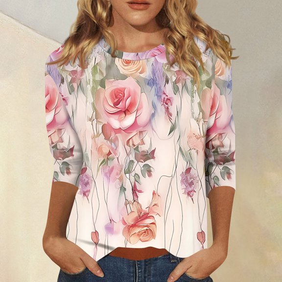 Hogleaql Valentines Day Shirt Womens Three Quarter Sleeves Crewneck T-Shirts Fashion Love Heart Print Top Relaxed Fit Loose Comfortable Tee Tops Light pink M