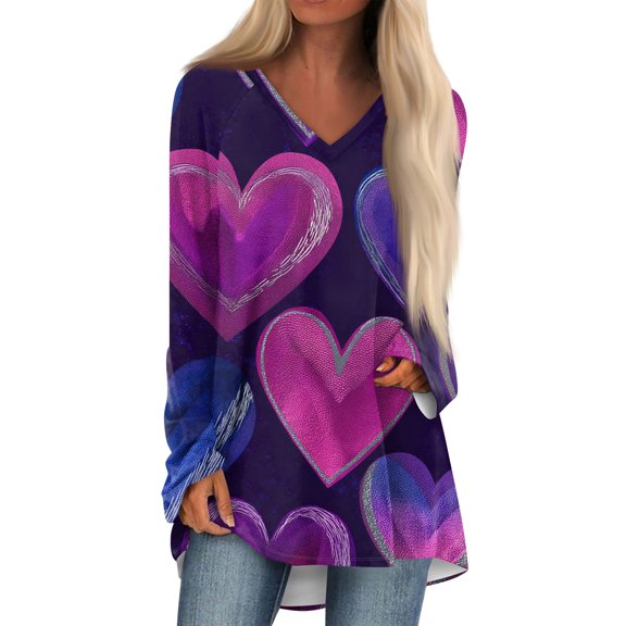 Hogleaql Valentines Day Tops for Women V Neck Cozy Long Sleeve T-Shirts Love Heart Printed Dressy Vacation Loose Mid-Length Tops Purple Pink L