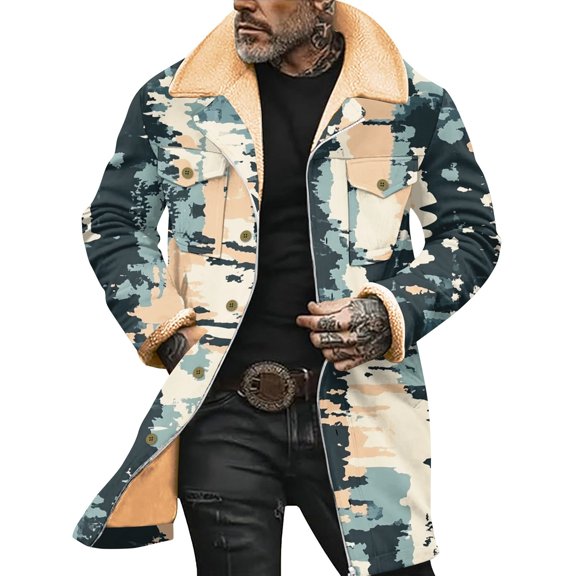 Hogleaql Vintage Suede Jacket for Men Plush Retro Reversed Collar Long Sleeve Zipper Jacket Oversized Warm with Pockets In Winter Coat Sky Blue L