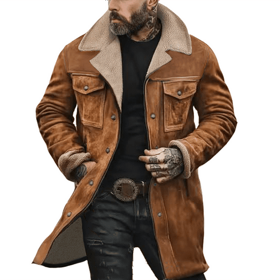 Hogleaql Vintage Suede Jacket for Men Plush Reversed Collar Long Sleeve Zipper Jacket Loose Warm Multi-Pocket Winter Coat Ginger 2XL