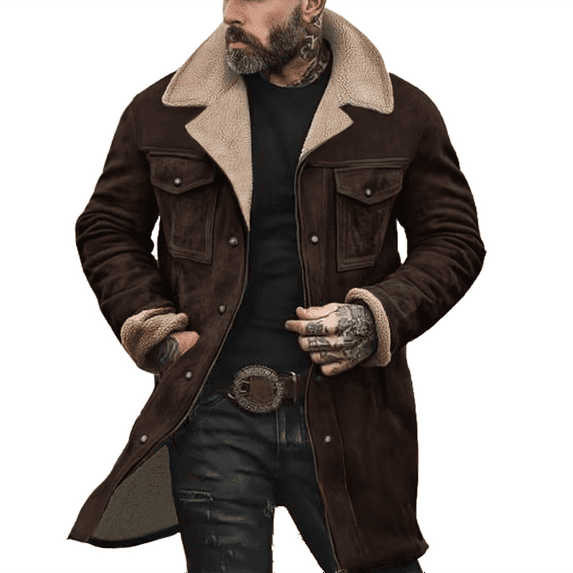 Hogleaql Vintage Suede Pocket Plush Reversed Collar Mens Outdoor Jacket Long Sleeve Full Zip Jacket Loose Warm with Pockets Winter Coat Coffee S