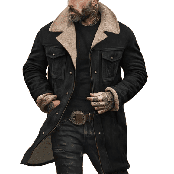 Hogleaql Vintage Suede Pocket Plush Reversed Collar Mens Outdoor Jacket Retro Long Sleeve Full Zip Jacket Loose Fit Warm Multi-Pocket Winter Coat Black L