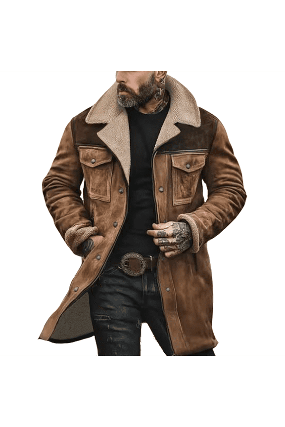 Vintage Suede Pocket Plush Reversed Collar Mens Outdoor Jacket Retro Long Sleeve Zip Up Jacket Loose Fit Thick Multi-Pocket Winter Coat Khaki XL