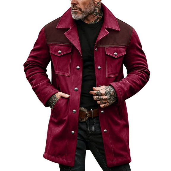 Hogleaql Vintage Suede Pocket Plush Reversed Collar Mens Outdoor Jacket Retro Thicken Long Sleeve Jacket Multi-Pocket Zipper Loose Winter Coat Wine L