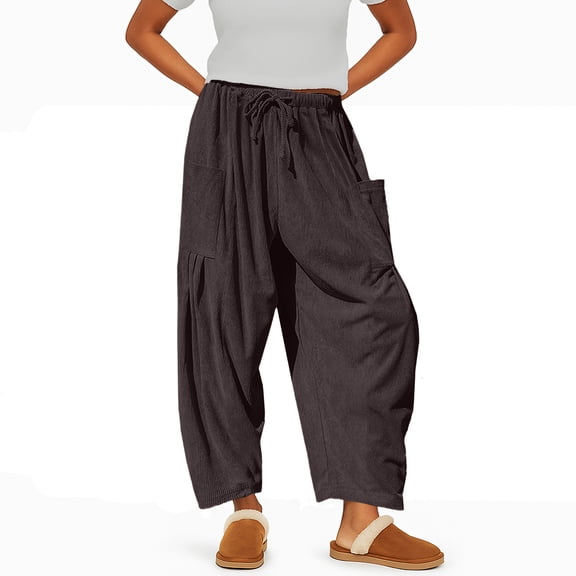 Hogleaql Wide Leg Corduroy Pants WomenDrawstring Waist Baggy Fall Winter Pants Soft Beach Travel Dressy Casual Oversized Trousers with Pockets Coffee XL