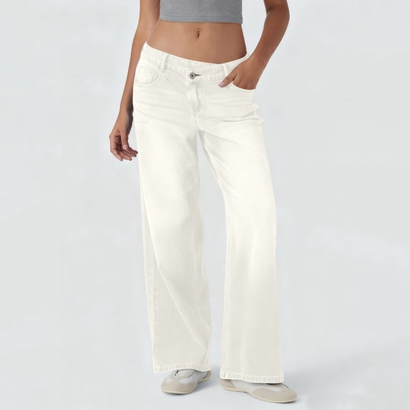 Hogleaql Wide Leg Jeans for Women Low Waisted Dressy Y2k Stretchy Wide Leg Button Denim Jeans with Pockets Baggy Trousers White M