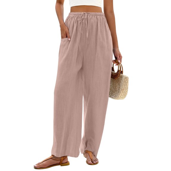 Hogleaql Wide Leg Pants for Women Soft Elastic Waist Fashion Pants Relaxed Fit Palazzo Loose Summer Beach Trousers with Pockets Light pink 2XL