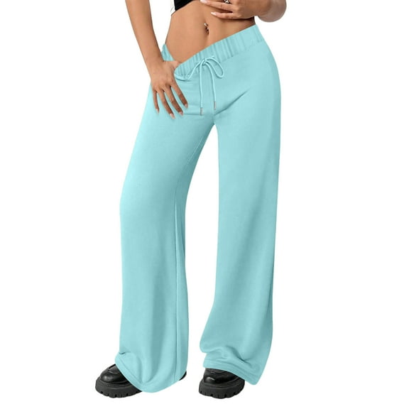 Hogleaql Wide Leg Sweat Pants for Women 2025 Casual Drawstring Baggy Pants Fashion Palazzo Sweatpants Solid Color Loose Long Trousers Cyan L