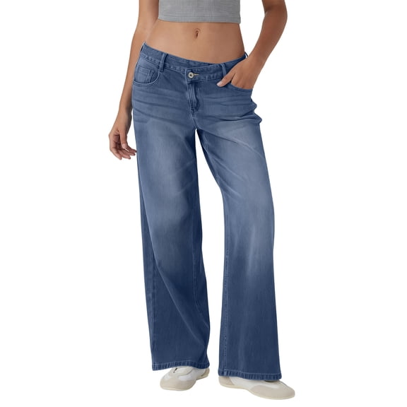 Hogleaql Wide Leg Sweatpant Jeans Woman Dressy Going Out Stretchy Straight Leg Button Denim Jeans with Pockets Loose Trousers Sky Blue 2XL