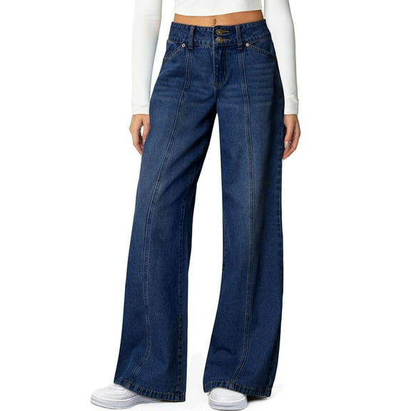 Hogleaql Wide Leg Sweatpant Jeans Woman Dressy Going Out Stretchy Wide Leg Button Denim Jeans with Pockets Oversized Trousers Dark BlueL