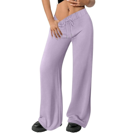 Hogleaql Wide Leg Sweatpants Women Drawstring 2025 Casual Baggy Pants Fashion Palazzo Sweatpants Solid Color Oversized Long Trousers Light Purple L