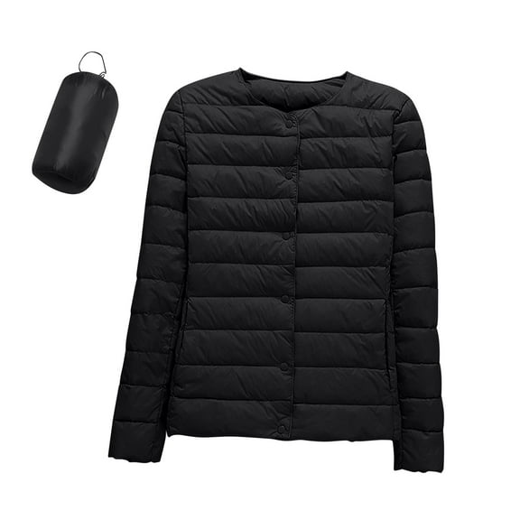 Hogleaql Women Puffer Jacket Packable Cozy Long Sleeve Button dowm Without Collar Quilted Coat Thermal Water-Repellent Lightweight Puffy Jacket with Pockets Winter Outerwear Black M