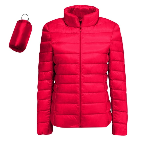Hogleaql Women Puffer Jacket Packable Soft Long Sleeve Zip Up Stand Collar Quilted Coat Warm Windbreaker Lightweight Puffy Jacket with Pockets Winter Outerwear Red XL