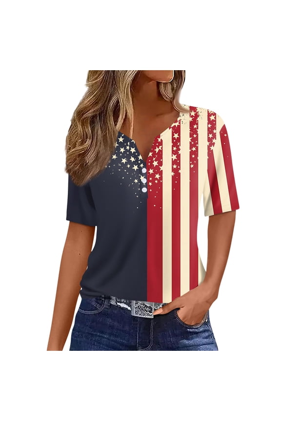 Women's American Flag Shirt V-Neck 4th Of July Patriotic Tops Short Sleeve Independence Day USA Graphic for Womens Trendy Tee Tops Dark Blue M