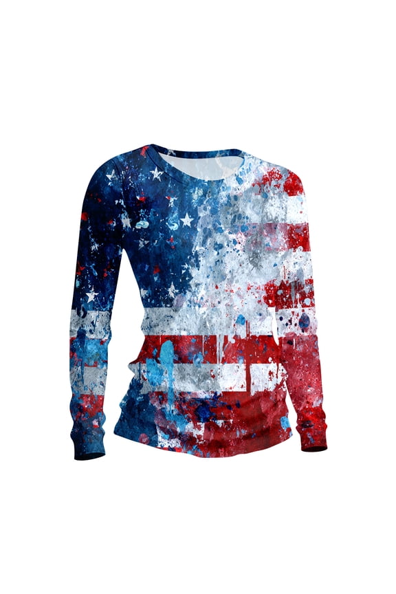 Women's American Flag Top Crew Neck 4th Of July Patriotic Tee Top Long Sleeve Independence Day USA Graphic Women's Casual T-Shirts Blue XL