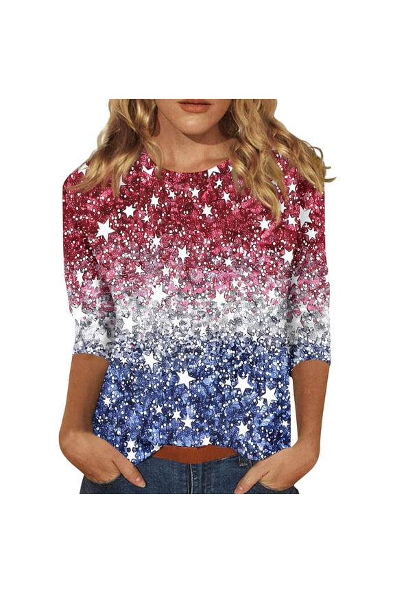 Women's American USA Flag Patriotic T-Shirts 4th Of July 3/4 Sleeve Graphic Shirt Round Meck USA Independence Day Casual for Women Tee Tops Blue M
