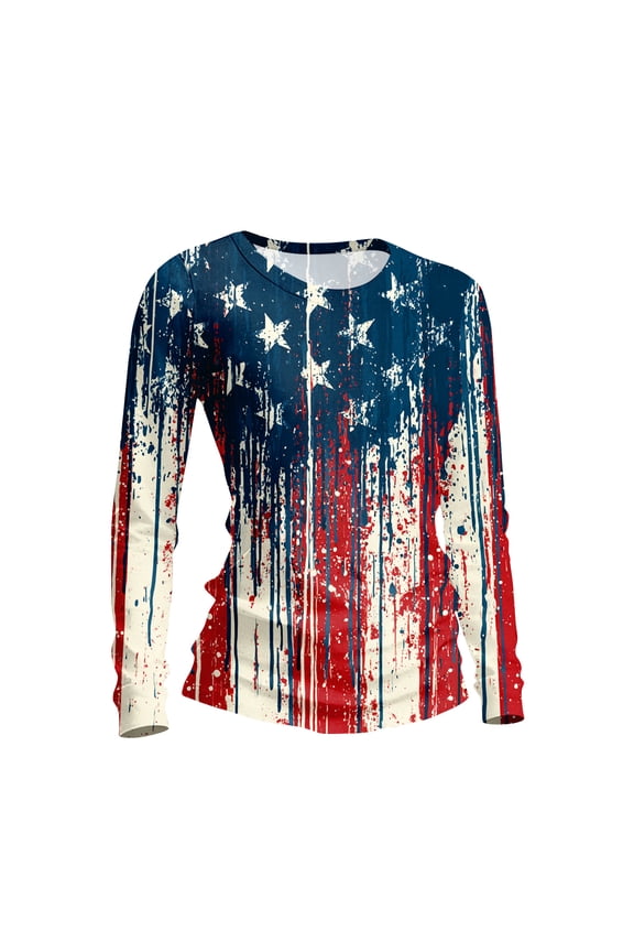 Women's American USA Flag Patriotic Tops Crewneck 4th Of July Tee Top Long Sleeve Independence Day USA Graphic for Women Trendy T-Shirts Dark Blue 3XL