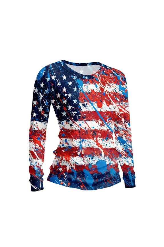 Women's American USA Flag Patriotic Tops Crewneck 4th Of July Shirt Long Sleeve Independence Day Graphic Women's Casual Tee Tops Sky Blue XL