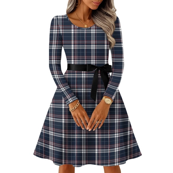 Hogleaql Women's Caual Dress Crew Neck Fashion Long Sleeve A-Line Plus Size Swing Dress Checkered Striped Print Lightweight Midi Length Vintage Fall Winter Soft Ruffle Bow Tie Skirts Navy M