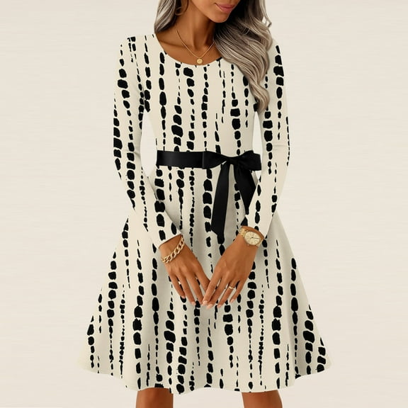 Hogleaql Women's Caual Dress Crew Neck Fashion Long Sleeve A-Line Plus Size Swing Dress Floral Gradient Printed Lightweight Midi Length Vintage Fall Winter Comfy Ruffle Bow Tie Skirts Beige M