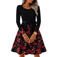 thumbnail image 1 of Hogleaql Women's Caual Dress Round Neck Dressy Long Sleeve A-Line Plus Size Swing Dress Floral Printed Lightweight Midi Length Vintage Fall Comfy Ruffle Bow Tie Skirts Black 4XL, 1 of 6