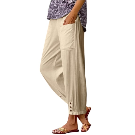 Hogleaql Women's Cotton Linen Culottes Pants Comfy Capri Pants Straight Leg Elastic Waist Fashion Vacation Baggy Beach Pants with Pockets Army Green L