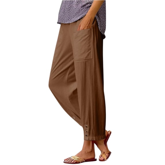 Hogleaql Women's Cotton Linen Culottes Pants Comfy Capri Pants Straight Leg Elastic Waist Fashion Vacation Baggy Beach Pants with Pockets Army Green L