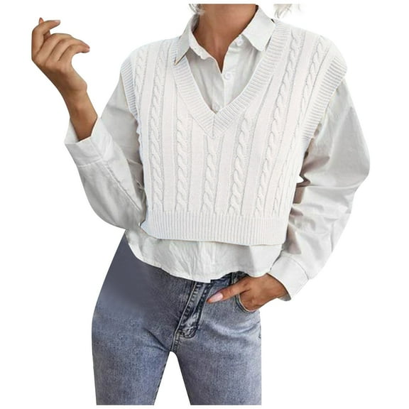 Hogleaql Women's Crop Cable Knit Sweater Vest Crop Casual Sleeveless V-Neck Knitted Sweaters Fashion Loose Pullover Comfy Warm Fall for Fall Winter White X3XL