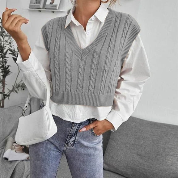 Hogleaql Women's Crop Cable Knit Sweater Vest Crop Casual Sleeveless V Neck Sweaters Trendy Oversized Pullover Warm Fall Fit Business Knitwear Gray X3XL