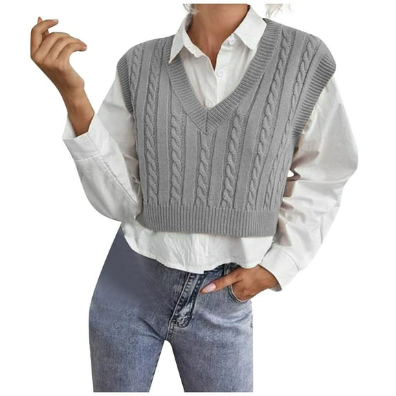 Hogleaql Women's Crop Sweater Vest Crop Casual Sleeveless V Neck Knitted Sweaters Fashion Loose Fit Pullover Comfy Thermal Fall for Fall Winter Gray X3XL