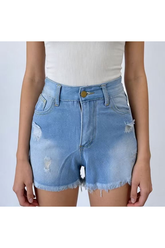Women's High Waisted Denim Shorts Stretchy Summer Beach Dressy Ripped Rolled Denim Shorts Casual Button Jorts with Pockets Light Blue S