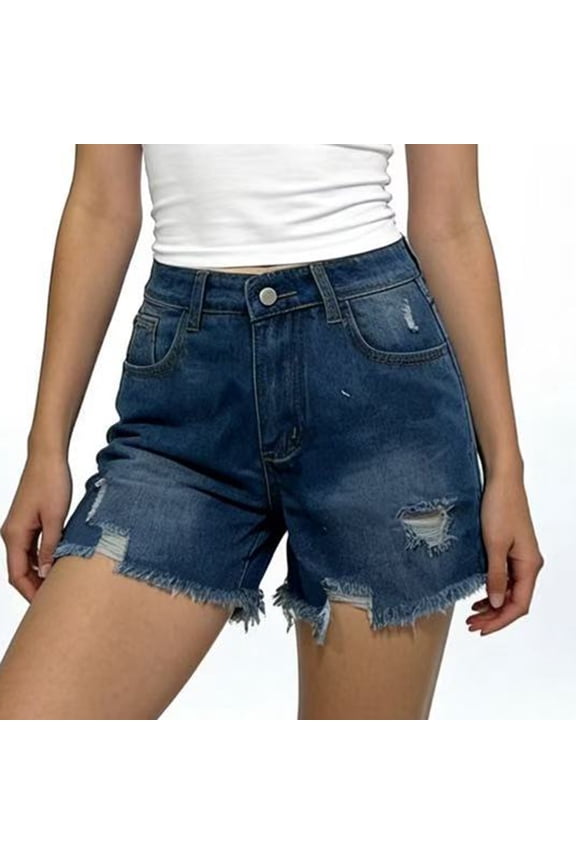 Women's High Waisted Denim Shorts Stretchy Summer Fashion Vintage Patch Denim Shorts Vacation Button Jorts with Pockets Dark Blue M