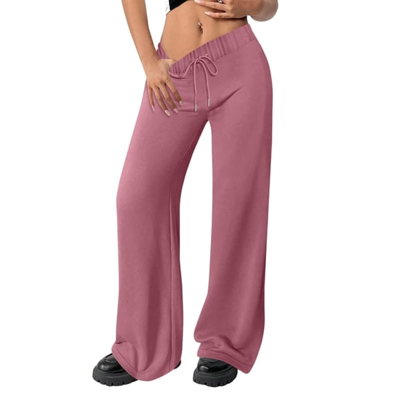Hogleaql Women's High Waisted Drawstring Waist Wide Leg Sweatpants Casual Baggy Pants Workout Palazzo Sweatpants Solid Comfortable Long Trousers Watermelon Red L