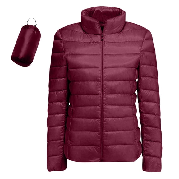 Hogleaql Women's Lightweight Packable Accent Puffer Jacket Comfortable Long Sleeve Zipper Stand Collar Quilted Coat Thermal Windbreaker Puffer Jacket with Pockets Fall Winter Outerwear Wine L
