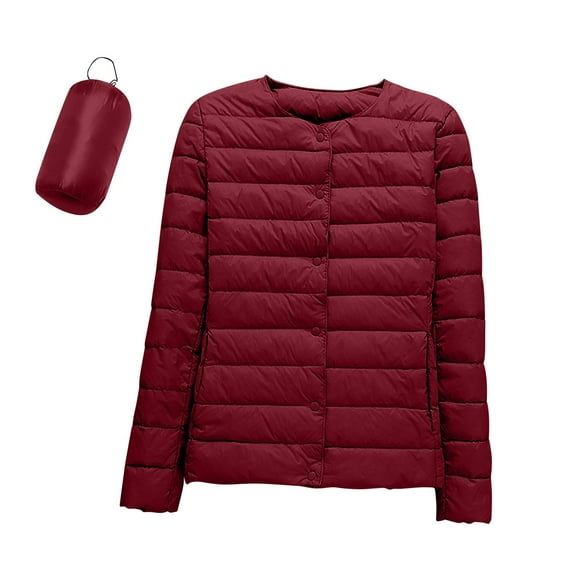 Hogleaql Women's Lightweight Quilted Puffer Jacket Casual Long Sleeve Button dowm Without Collar Quilted Coat Thermal Windbreaker Ultra Light Puffy Jacket with Pockets Fall Winter Outerwear Wine 4XL