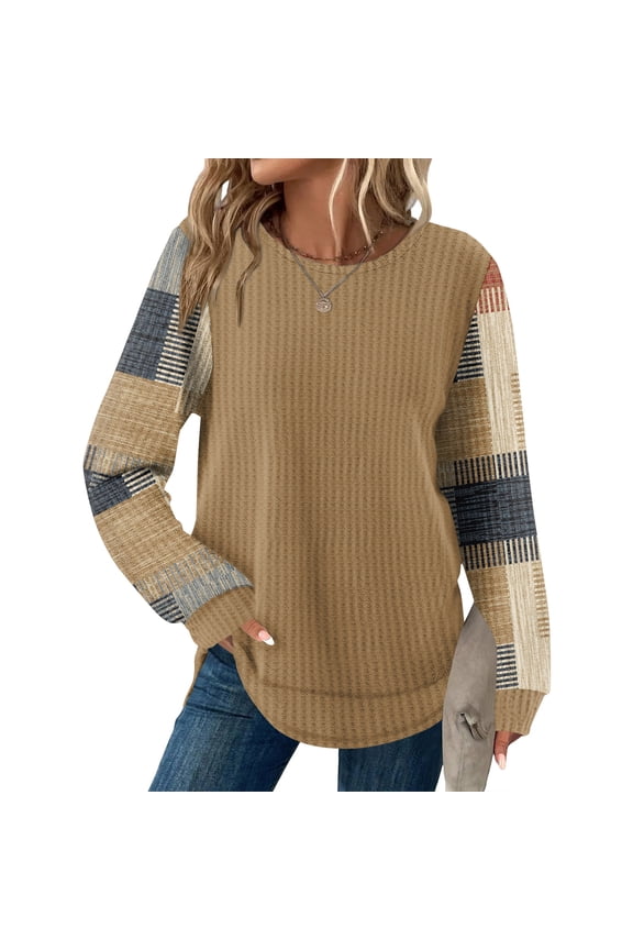 Women's Long Sleeve Crew Neck T Shirt Comfy Casual Tunic Tops Plaid Striped Print Blouses Dressy Fall Shirt Camel 2XL